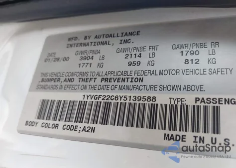 2000 Mazda 626 Es/Lx из США, поврежденный, VIN 1YVGF22C6Y5139588